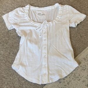 aerie White Short Sleeve Ruffle-Trim Button Front Top